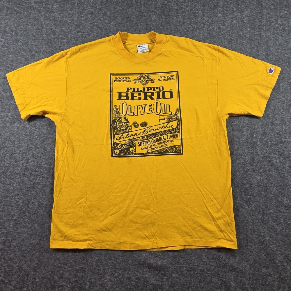 Vintage Champion Filippo Berio Olive Oil T-Shirt Men's X-Large Yellow 90s